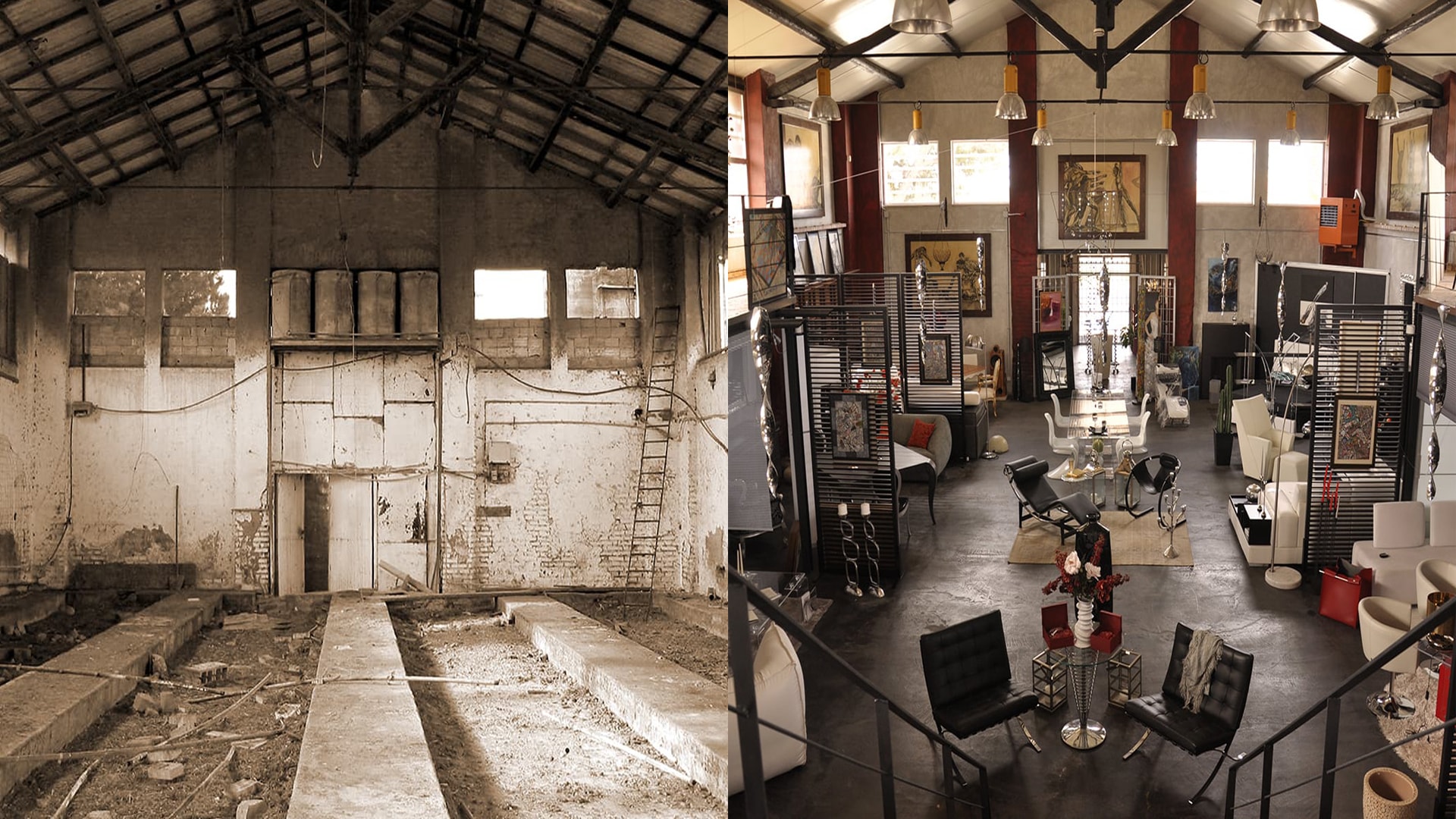 Foto del prima e dopo messe accanto del capannone di Officine Factory, che era una vecchia struttura agricola