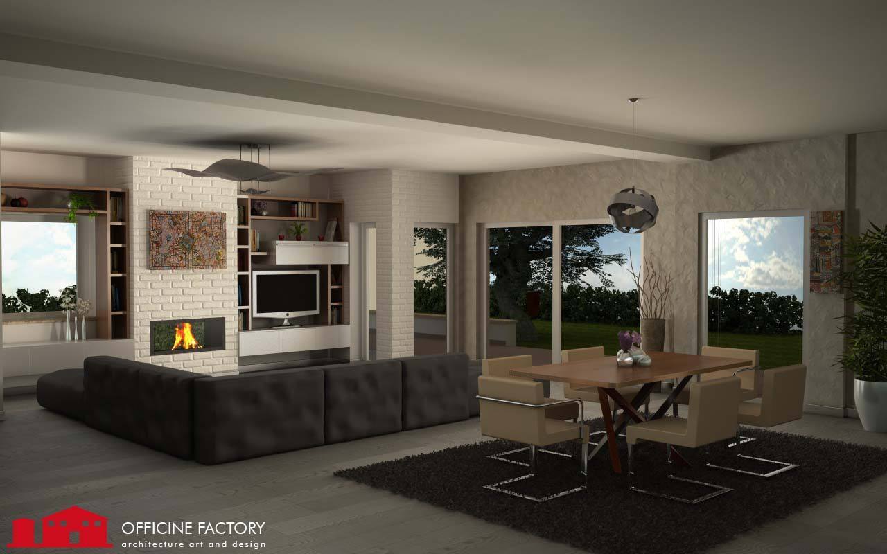 Immagine di una renderizzazione 3d di un ambiente domestico realizzata da Officine Factory - cura del dettaglio, ricerca
             della bellezza e della funzionalità