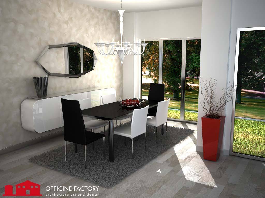Renderizzazione 3D di una saletta con tavolo e sedie bianche e nere moderne, il tutto illuminato
            da un paio di finestre minimalistiche; l'ambiente e moderno e sontuoso, con arredi ricercati, toni del grigio