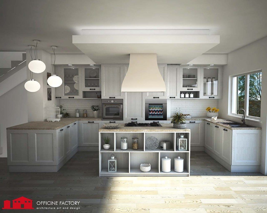 Renderizzazione 3D di una cucina, con piano di lavoro nel mezzo e bancone ed elementi
            addossati a parete. Officine Factory, di Roberto Chiodi, realizza ad Ostia, Fiumicino, Roma e territorio romano, la vostra cucina dei sogni!